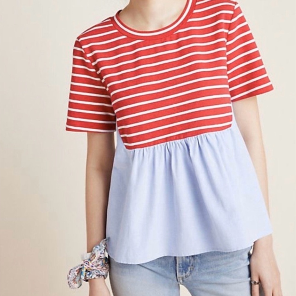 Anthropologie Red and Blue Striped Top Sz XS